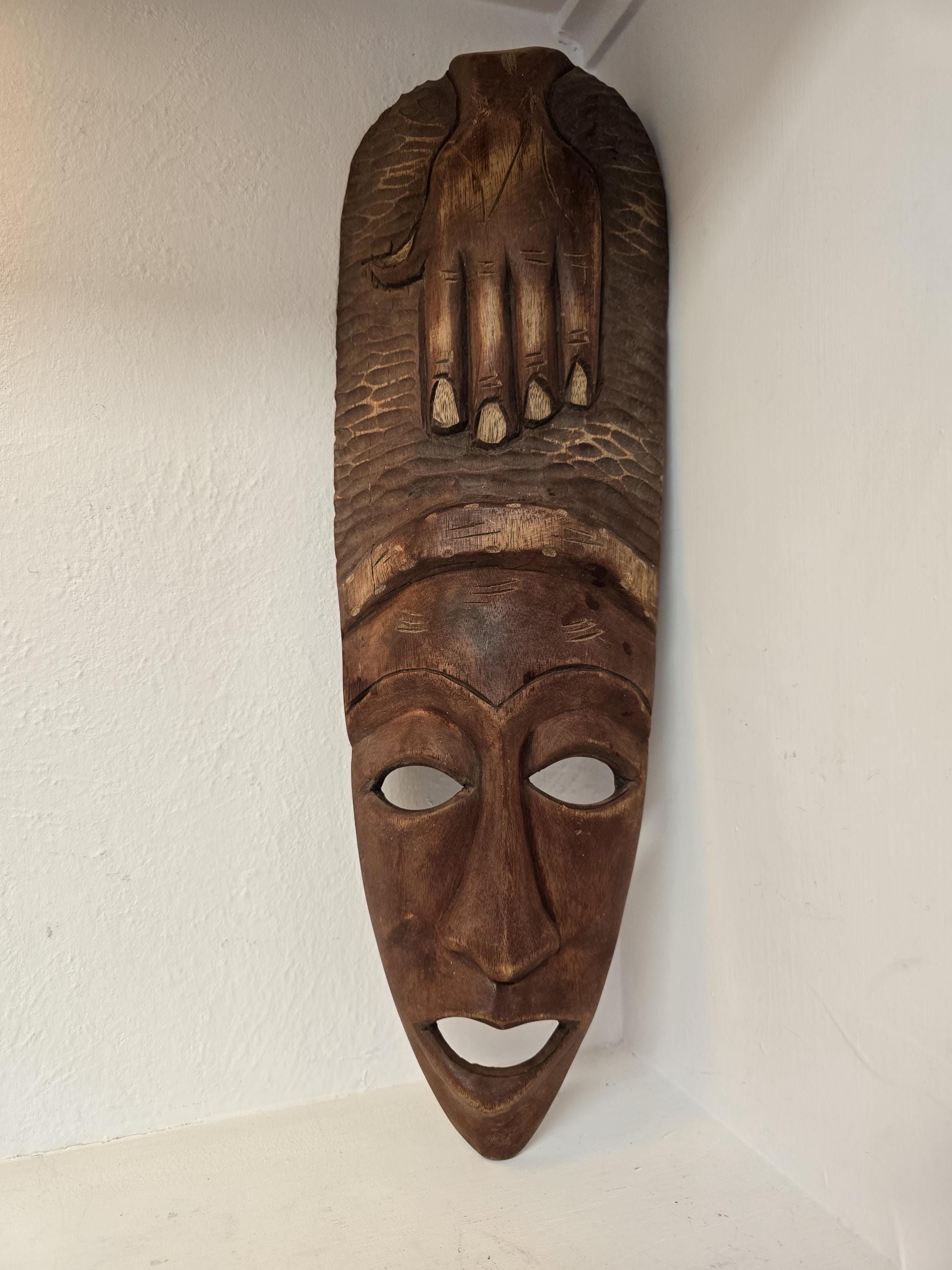 ヴィンテージ手彫りアフリカ木製マスク – 18.5インチ部族壁掛けアート 