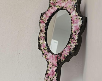 Vintage Handheld Mirror – 11x5.75” Floral Enamel Wood Frame, Shabby Chic Vanity Mirror, Decorative Pink Flower Hand Mirror