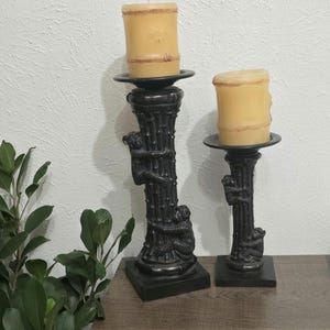 Set of 2 Heavy Vintage Safari Jungle Tropical Monkey Candle Holders – Climbing Bamboo, Dark Brown, 8.5&quot; & 12.5&quot; Tall, Exotic Animal Decor