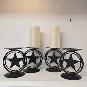 Vintage Western Star Metal Candle Holders – Rustic Black Iron Pillar Stands – Set of 4 – 5.25” Tall – Farmhouse Texas Decor