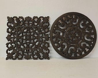 Vintage Cast Iron Trivets, Ornate Scrollwork Hot Plate, Rustic Farmhouse Kitchen Decor, Cast Iron Wall Decor