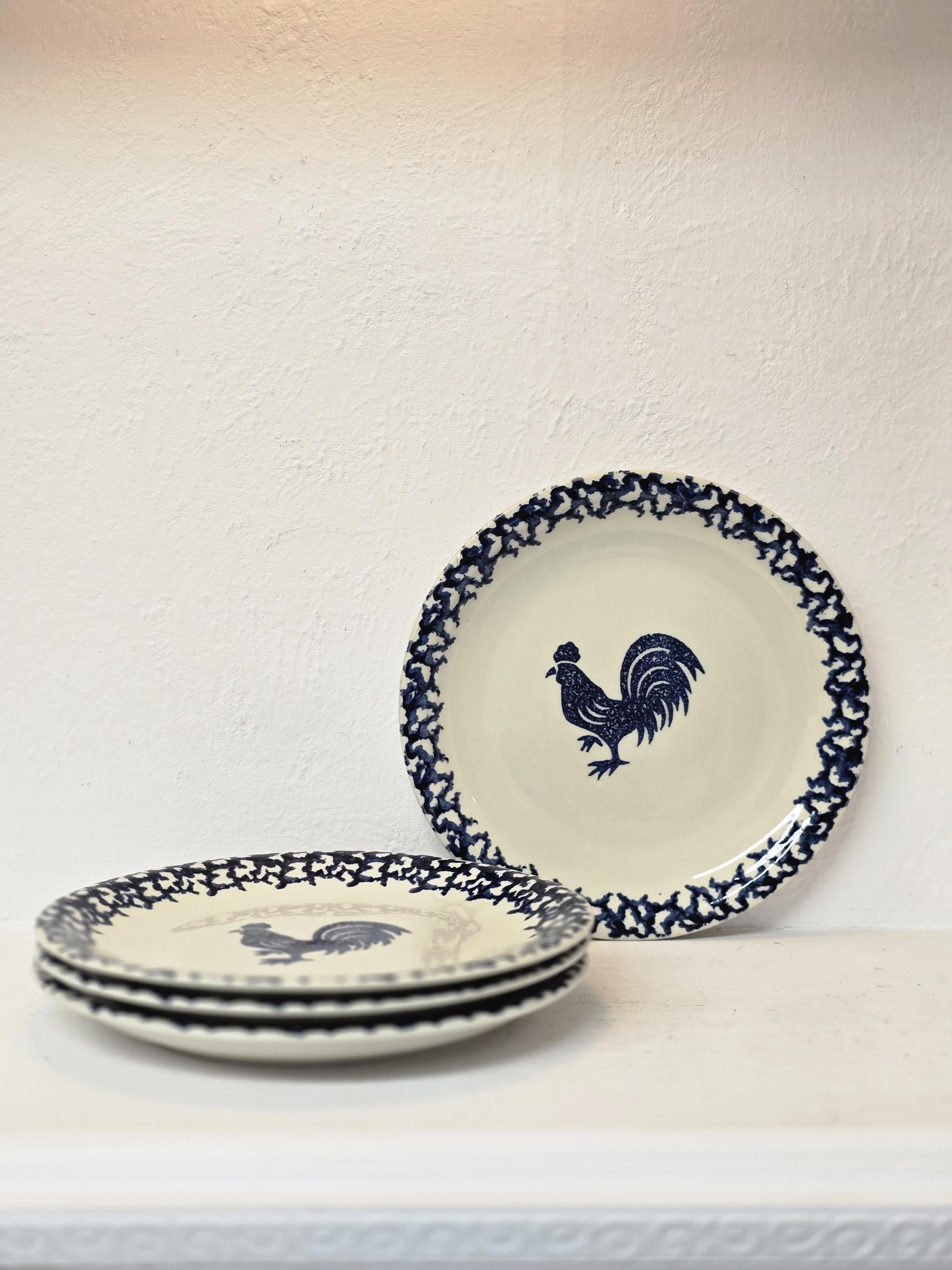 Vintage Tienshan Folk Craft Rooster Plates - 7.5” Blue & White Farmhouse Stoneware Dinnerware - Rustic Country Kitchen Decor - Set of 4