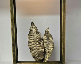 Muurkunst bohobladgoud – rustieke houten lijst met sculptuur van botanische bladeren – op de natuur geïnspireerde doorzichtige woondecoratie (11,5 x 15,5 inch)
