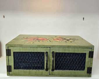 Vintage Wooden Cabinet, Hand-Painted Farmhouse Storage Box, Rustic Chicken Wire Doors, Country Kitchen Decor, Vegetable Art