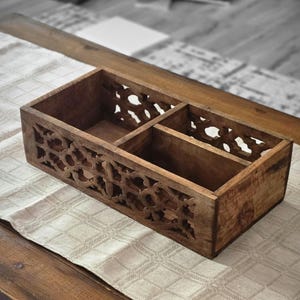 Handcarved Wooden Organizer Box: Rustic Desk Caddy with Cutout Design