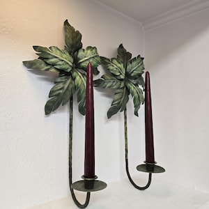 Pair of Vintage Metal Palm Leaf Wall Sconces – 16.5&quot; Tropical Taper Candle Holders – Coastal Home Decor, Beach-Inspired Accent