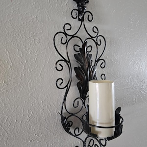 Vintage Wrought Iron Wall Candle Sconce - 19&quot; Tall, Black Scrollwork with Leaf Accents, Rustic Gothic Home Décor, Wall Mounted Candle Holder