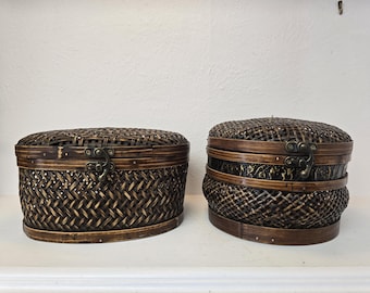 Vintage Handcrafted Bamboo Decorative Box with Lid, Oval or Round Wicker Trinket Boxes, Jewelry Storage, Boho Chic Accent