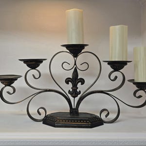 Vintage Wrought Iron Candelabra with Fleur-de-Lis Design – Holds 5 Pillar Candles – 11” Tall x 23” Wide – Elegant Scroll Metal Candle Holder