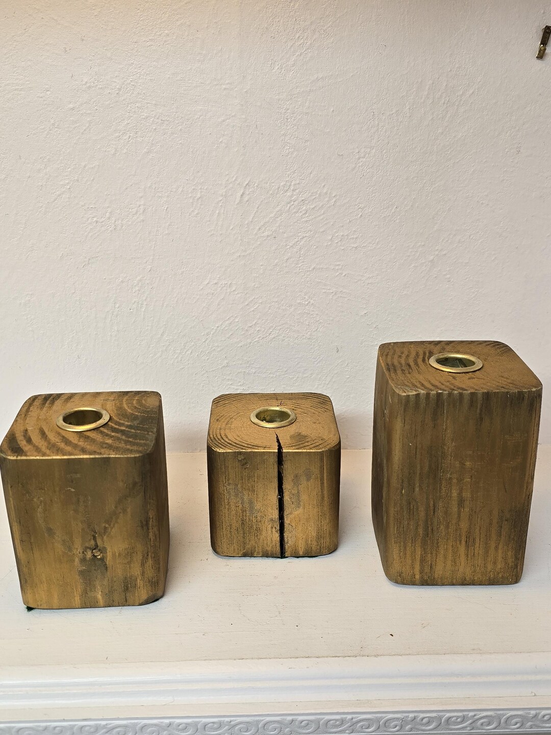 Rustic Gold Wooden Taper Candle Holders – Set of 3 (4", 3", 5" Tall ...