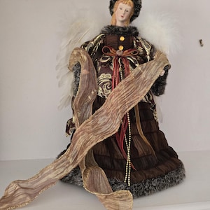Vintage Large Handcrafted 15.5 inch Burgundy Christmas Angel Tree Topper with feather wings, Holiday decoration