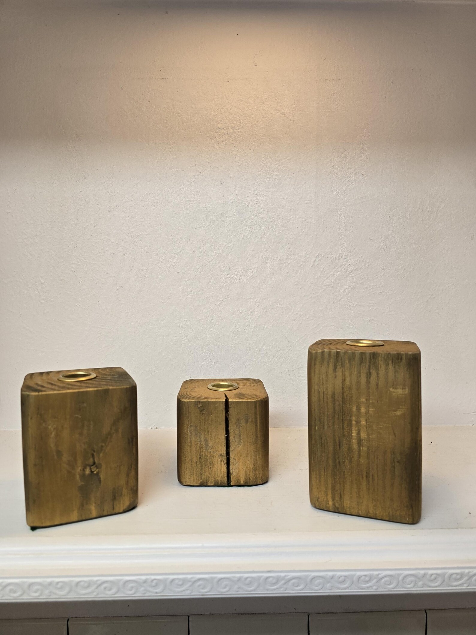 Rustic Gold Wooden Taper Candle Holders – Set of 3 (4", 3", 5" Tall ...