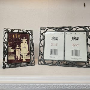 Set of 2 Art Nouveau-Style Metal Picture Frames – 3.5x5 Single & Double, Openwork Vine Design, Pewter/Silver Mixed Finish, Tabletop Display