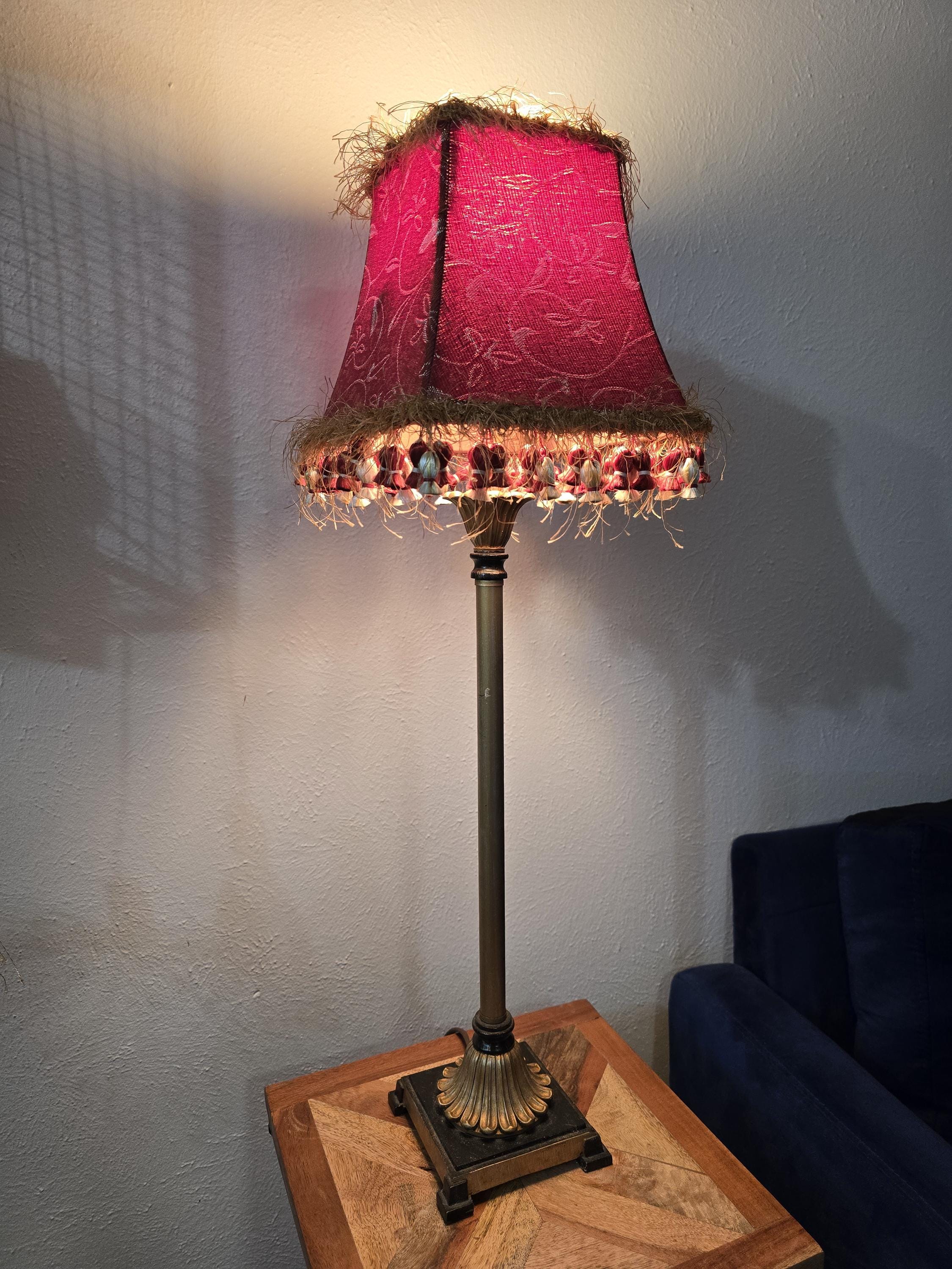 Vintage Table Lamp with Red Beaded Sh...