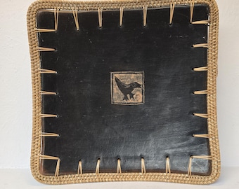 Vintage Dark Brown Clay Tray with Woven Rattan Edge, Embossed Bird Motif, 11x11 Inch Handmade Decorative Tray