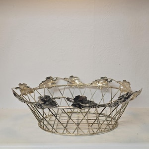Vintage Silver Grapevine Basket: Metal Wire Fruit Bowl Centerpiece