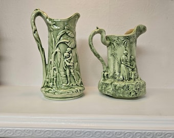 Vintage Green Relief Pottery Pitchers – Embossed Ceramic Jugs with Romantic Scenic Design – Decorative Antique-Style Water Pitchers