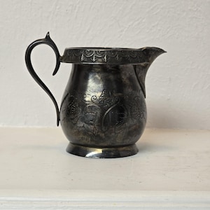 Ornate Silver Antique Creamer – Engraved Strawberries & Leaves – Rustic Vintage Mini Silver Pitcher – Elegant Decorative Tableware Piece