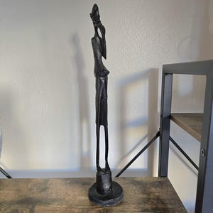 Vintage Hand-Carved African Ebony Wood Statue — 15&quot; Tall Male Figure — Mid-Century Modern Decor — Detailed Tribal Art Sculpture