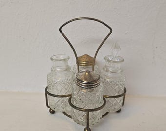 Vintage Sheffield-Style Cut Glass Cruet Set, Brass Caddy Oil Vinegar Salt Pepper, Diamond Pattern Glass Bottles, 5-Piece Antique Tableware