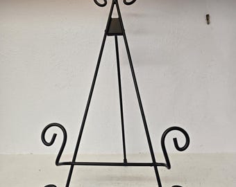 Vintage 14-inch metalen ezelstandaard: sierlijk rolwerk, rustieke zwarte afwerking