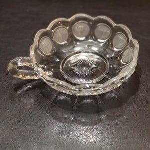 Vintage Fostoria Coin Glass Dish – Clear Round Trinket or Candy Dish with Handle – Elegant Collectible Glassware