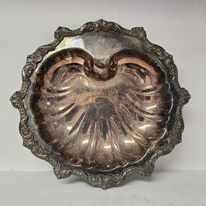 Vintage Silverplate Shell Serving Bowl, Old English by Poole, Ornate 3-Leg Tray, Tarnished Patina, Footed Decorative Platter, Home Decor