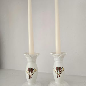 Mikasa Holiday Lace Candle Stick Holders, White Ceramic Porcelain Candleholders with Bows & Golden Horns