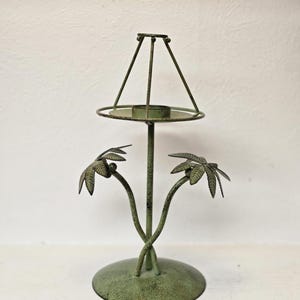 Vintage 11 inch Green Metal Palm Tree Candle Holder – Tropical Rustic Decor, Distressed Metal Taper Candle Stand, Coastal Accent Piece
