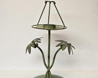 Palm Tree 11" Metal Candle Holder Tropical Decor Centerpiece – Green Distressed Finish Island Style Candle Stand