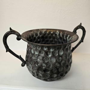 Vintage hammered metal cachepot with double scroll handles, dark patina decorative planter, rustic farmhouse home decor