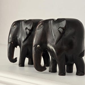 Pair of Vintage Hand-Carved Wooden Elephants without Tusks - 3 Inch Tall Decorative Figurines