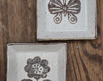 Vintage OMC Otagiri Japan Butterfly & Flower Stoneware Pottery Trinket Dishes – Rare Set of 2 Plates