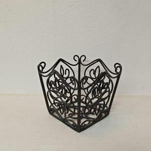 Decorative Wrought Iron Scroll Candle or Plant Holder, Tapered Square Design, 4 Inch Tall, Dark Brown Metal Decor