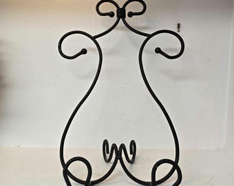 Vintage 14.5” Black Wrought Iron Display Stand, Sculptural Curvy Easel for Cookbooks, Art & Home Décor