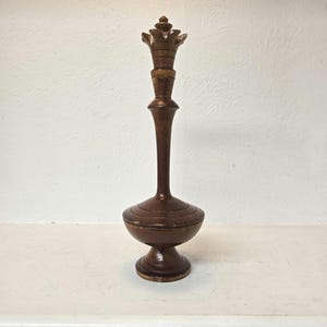 Vintage Hand-Carved 10 inch tall Wooden Lacquered  Perfume Bottle and Lid, Dark Brown Decorative Wood Vessel, Unique Collectible Home Decor