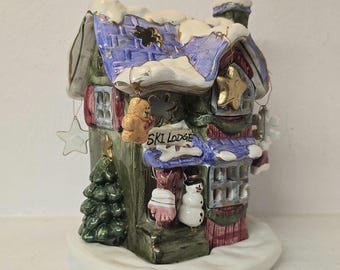 Vintage Handpainted Ceramic Ski Lodge Candle House, Christmas Village Tealight Holder, Winter Cabin Decor, Snowman and Gingerbread Decor