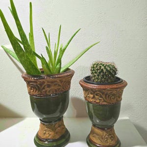 Vintage Embossed Ceramic Planters – 7” & 8” Tall Decorative Green and Brown Pedestal Pots, Boho Home Decor, Indoor Plant Holders