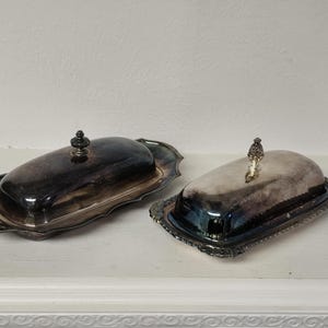 Silverplate Vintage Crosby Butter Dish with Pineapple Handle on Lid, Set of Two Silver Butter Dishes with Visible Patina, Silver Home Accent