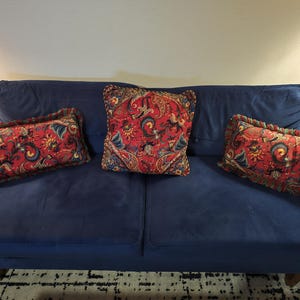 Vintage Paisley & Floral Trim Pillows – Set of 3, Boho Luxe Decorative Cushions, Red and Blue Ornate Design with Fringe