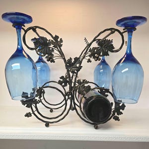 Vintage Wrought Iron Wine Rack - holds 2 bottles and 4 glasses – Grapevine Leaf Design – 12&quot;x11&quot;x11.5&quot; – Rustic Metal Countertop Wine Holder
