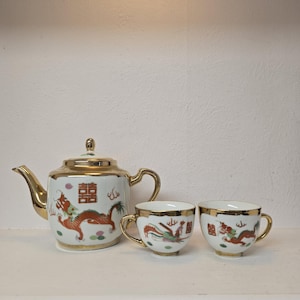 Vintage Jingdezhen Porcelain Tea Set, Dragon & Phoenix Gold Trim Teapot Set, Double Happiness Chinese Wedding Tea Set with 2 Cups