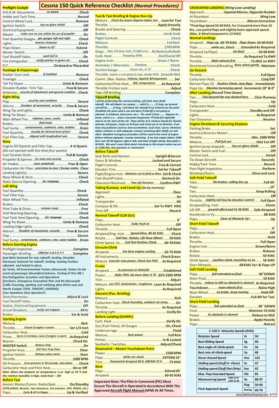 Cessna 150 Extended Quick Reference Checklist for Pilots | Etsy