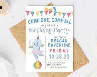 Circus birthday invitation digital template, 5x7, printable
