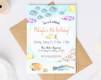 Aquarium birthday party invitation digital template, 5x7, printable