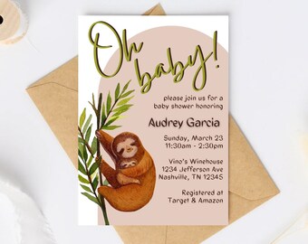 Sloth baby shower invitation template, neutral soft tone, 5x7 digital download, printable