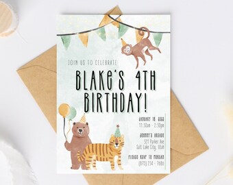 Jungle theme Birthday invitation digital template, 5x7, printable