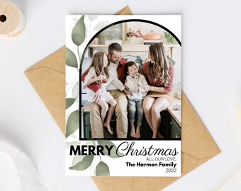 Christmas greeting card digital template, greenery with arch, with photo, printable, 5x7