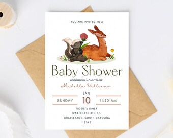 Woodland baby shower invitation template, baby deer and skunk, digital download, 5x7 printable