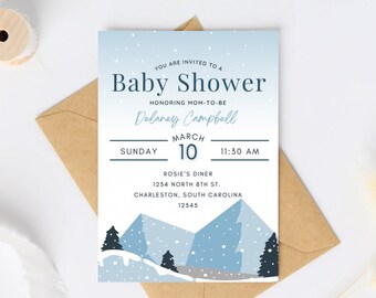 Winter blues baby shower invitation template, snowy mountains, digital download 5x7, printable